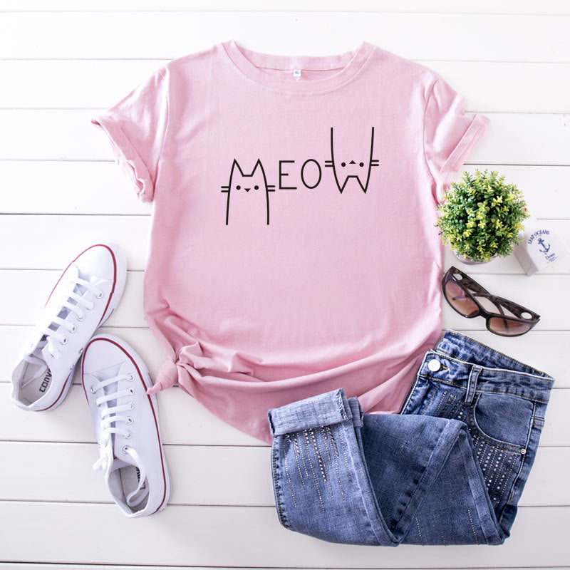 Casual Cat Letter Cotton T-shirt - ShadeSailgarden