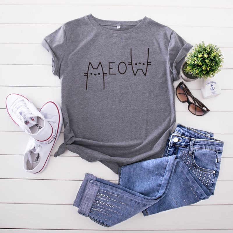 Casual Cat Letter Cotton T-shirt - ShadeSailgarden