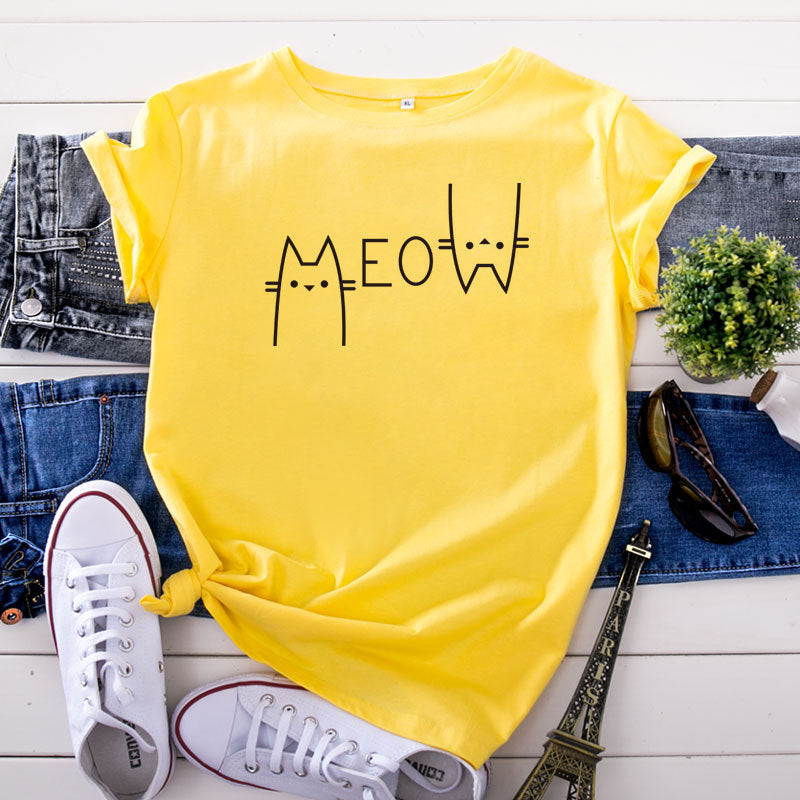 Casual Cat Letter Cotton T-shirt - ShadeSailgarden