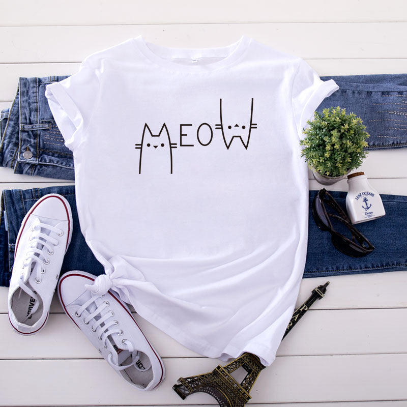 Casual Cat Letter Cotton T-shirt - ShadeSailgarden