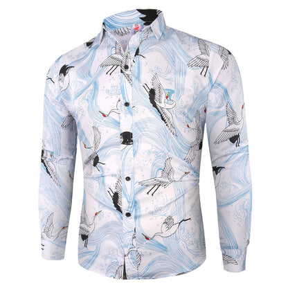 Casual Crane Print Slim Fit Shirt - ShadeSailgarden