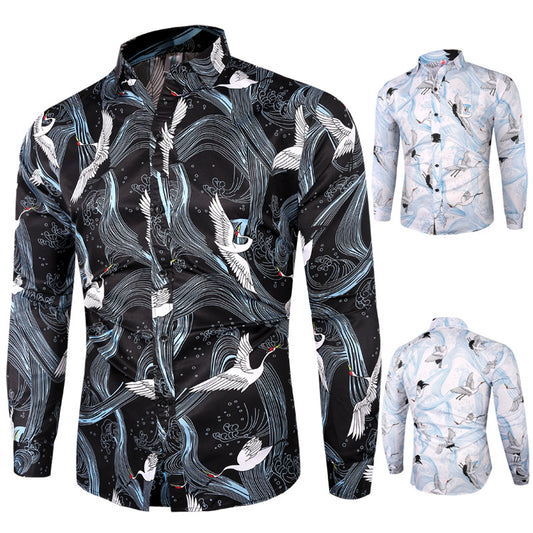 Casual Crane Print Slim Fit Shirt - ShadeSailgarden