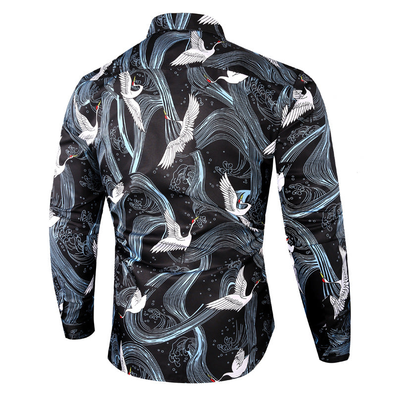 Casual Crane Print Slim Fit Shirt - ShadeSailgarden