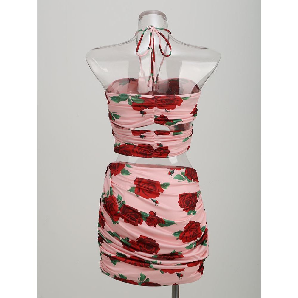 Hanging Neck Sleeveless Elegant Printed Skirt Set - ShadeSailgarden
