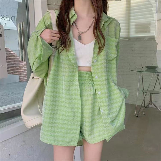 Cardigan Green Plaid Shirt Temperament Leisure Suit - ShadeSailgarden