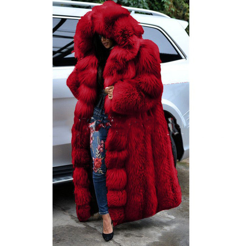 Faux  Long Hooded Fur Coat