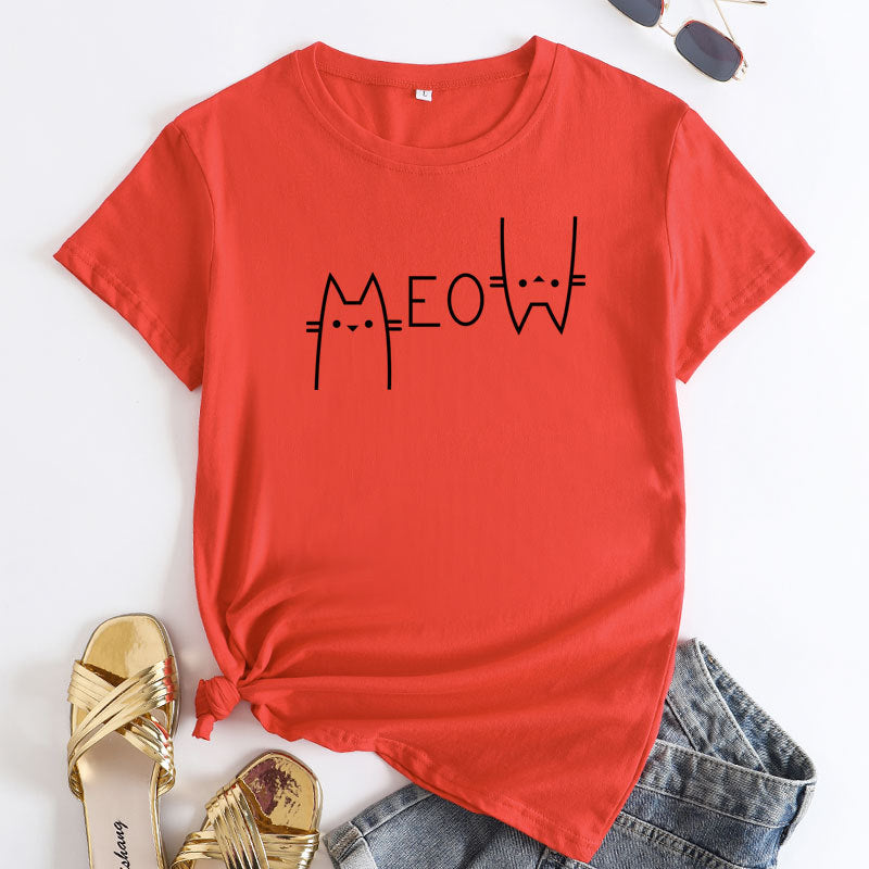 Casual Cat Letter Cotton T-shirt - ShadeSailgarden