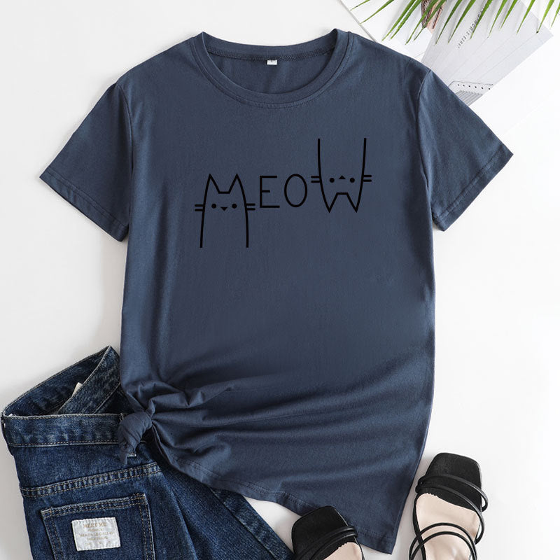 Casual Cat Letter Cotton T-shirt - ShadeSailgarden