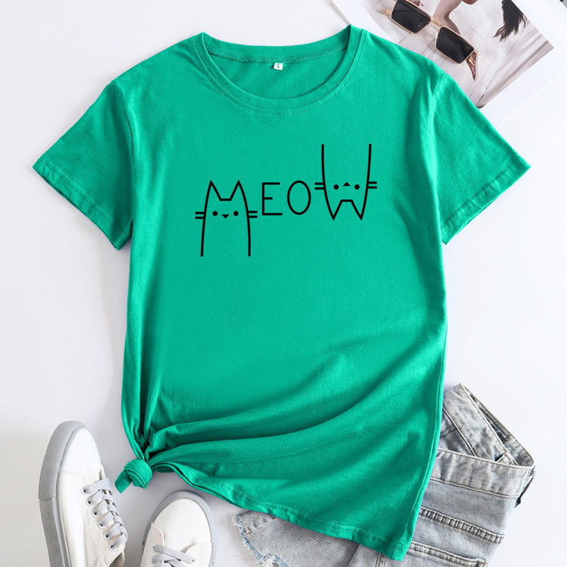 Casual Cat Letter Cotton T-shirt - ShadeSailgarden