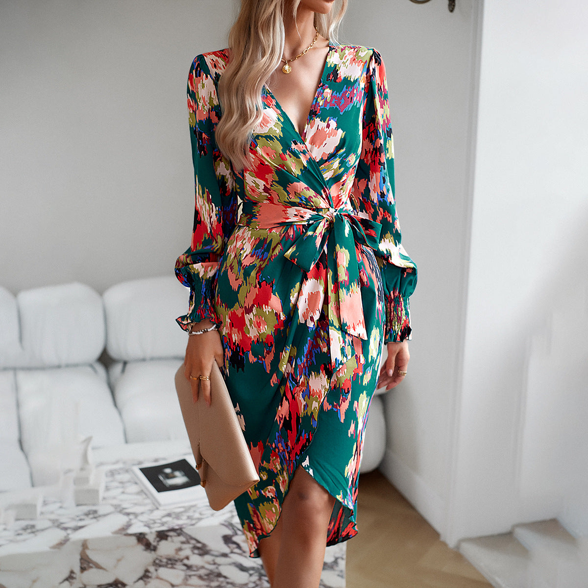 Printed Elegant V-neck Dress - ShadeSailgarden