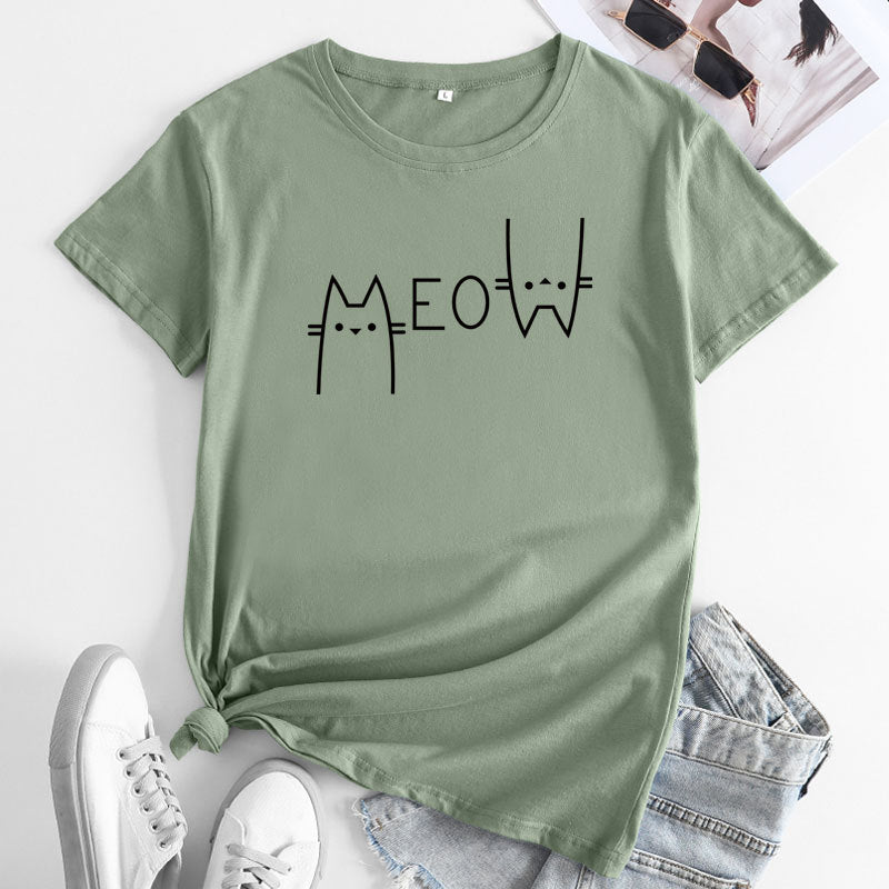 Casual Cat Letter Cotton T-shirt - ShadeSailgarden