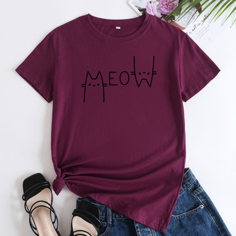 Casual Cat Letter Cotton T-shirt - ShadeSailgarden