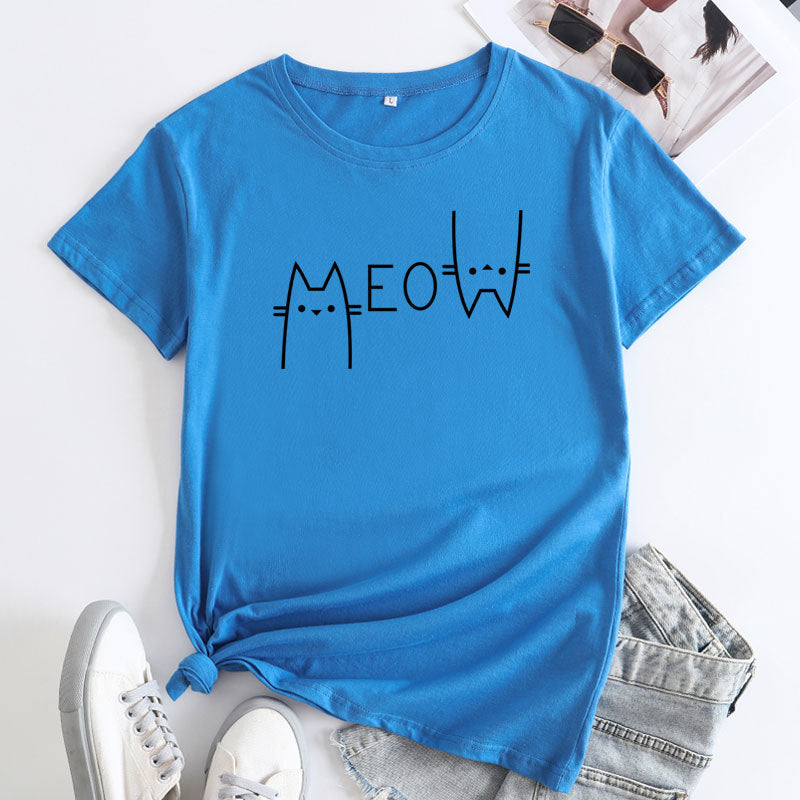 Casual Cat Letter Cotton T-shirt - ShadeSailgarden