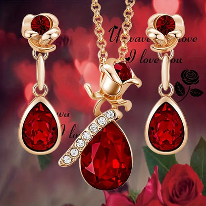 Ruby Rose Pendant Necklace Earrings Set