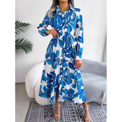 Floral Print Long Sleeve Maxi Shirt Dress - ShadeSailgarden