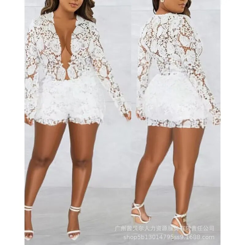 Hollow Out Long Sleeve V Neck Shirt / Shorts Suit  Lace Two Piece Set