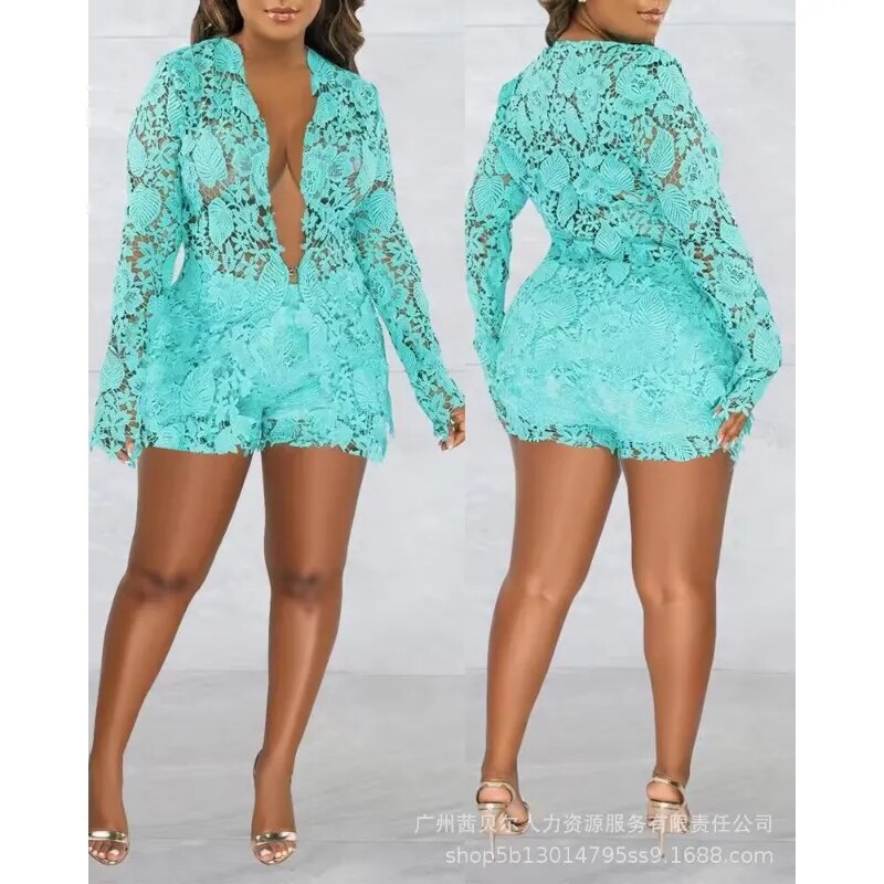 Hollow Out Long Sleeve V Neck Shirt / Shorts Suit  Lace Two Piece Set