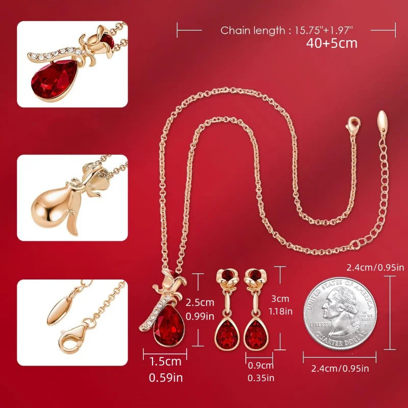 Ruby Rose Pendant Necklace Earrings Set