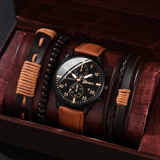 Men's Sports Watch Set with Brown Leather Bracelet