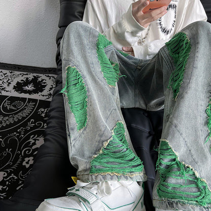Green Ripped Embroidery Jeans